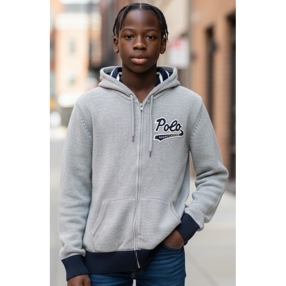 Polo Ralph Lauren Hoodie Boys XL Gray Sweater Knit Zip Vintage Y2K Sweatshirt